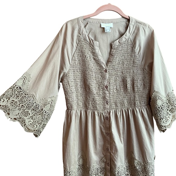 Alyssa W Collection Cotton Boho Button Up Smocked Tunic Lace Details Tan - Picture 3 of 12